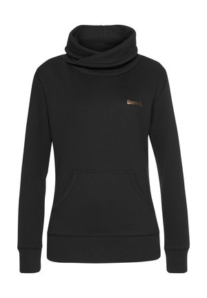 Zwarte hoodie met lange mouwen en een hoge kraag, voorzak in kangoeroestijl, geribbelde manchetten en zoom, en een klein "Bench"-logo op de borst.