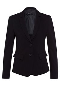 Black tailored blazer, fitted design, two front pockets, single button closure, notched lapels, smooth fabric, and a lined interior.