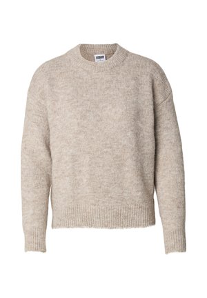 Suéter de punto beige con escote redondo, puños y dobladillo acanalados, con una textura suave y diseño de ajuste relajado.