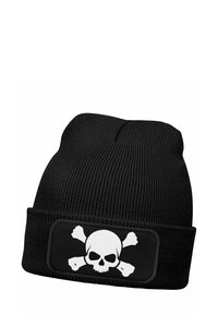 Black knit beanie featuring a white skull and crossbones design on a black patch. Ribbed texture with a folded cuff.