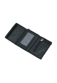 Portafoglio nero realizzato in tessuto resistente, con finestra per documento d'identità trasparente, scomparto con cerniera e diverse fessure per carte, dal design pieghevole.