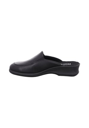 Sort slip-on mule sko med rund tå, lav hæl og glat læderoverdel vist fra siden på hvid baggrund.