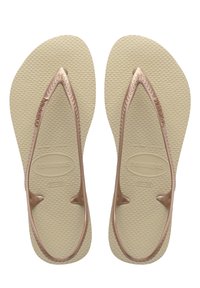 Infradito Havaianas con suola beige testurizzata e cinturini in oro rosa con design a forma di V e logo. Taglia 37-38.