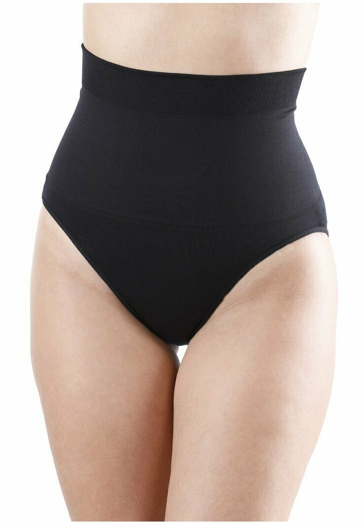 Shapewear nero a vita alta con una fascia elastica liscia in vita. Presenta un design senza cuciture e un tessuto morbido e elastico.