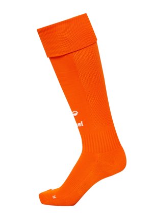 Knæhøje orange sokker lavet af tekstureret materiale, med ribbet kant og forstærket tå, med hvidt logo og størrelsesmærkninger.