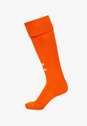 Knæhøje orange sokker lavet af tekstureret materiale, med ribbet kant og forstærket tå, med hvidt logo og størrelsesmærkninger.