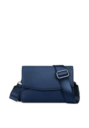Navy blue leather crossbody bag with a flap closure, adjustable strap, and embossed logo detail. Smooth texture and clean lines.