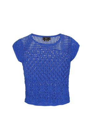 Blauwe gebreide top met een ruitpatroon, korte mouwen en een ronde halslijn. Gemaakt van lichtgewicht, ademend materiaal.