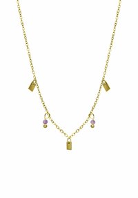 Gouden metalen ketting met rechthoekige bedels en paarse kralen, met een gepolijste afwerking en afwisselende plaatsingen van de kralen.