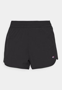 Černé sportovní šortky s elastickým pasem, s malým logem na spodní levé straně a lehkým, hladkým materiálem.