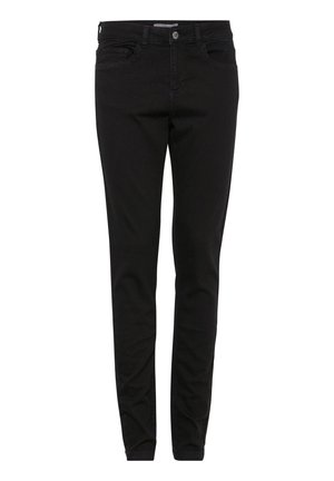 Czarne jeansy z denimu o dopasowanym kroju, z przednimi kieszeniami, zapięciem na guziki i gładką fakturą. Brak widocznych wzorów ani ozdobników.