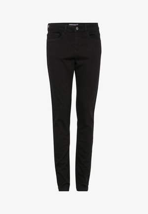 Czarne jeansy z denimu o dopasowanym kroju, z przednimi kieszeniami, zapięciem na guziki i gładką fakturą. Brak widocznych wzorów ani ozdobników.