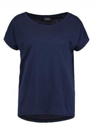 T-shirt casual blu navy con maniche corte arrotolate, collo rotondo e orlo posteriore leggermente più lungo. Realizzato in un tessuto morbido e traspirante.
