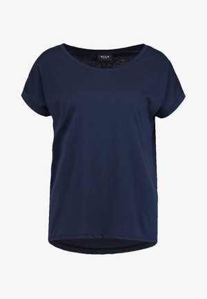 T-shirt casual blu navy con maniche corte arrotolate, collo rotondo e orlo posteriore leggermente più lungo. Realizzato in un tessuto morbido e traspirante.