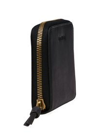 Zwarte leren portemonnee met gouden rits en afwerking, rechthoekige vorm, gestructureerd oppervlak en een rits trekband. Messing hardware accenten.