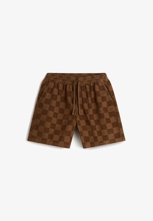 Shorts à carreaux marron avec une taille élastique, une fermeture à cordon et des poches latérales, fabriqués en tissu texturé.