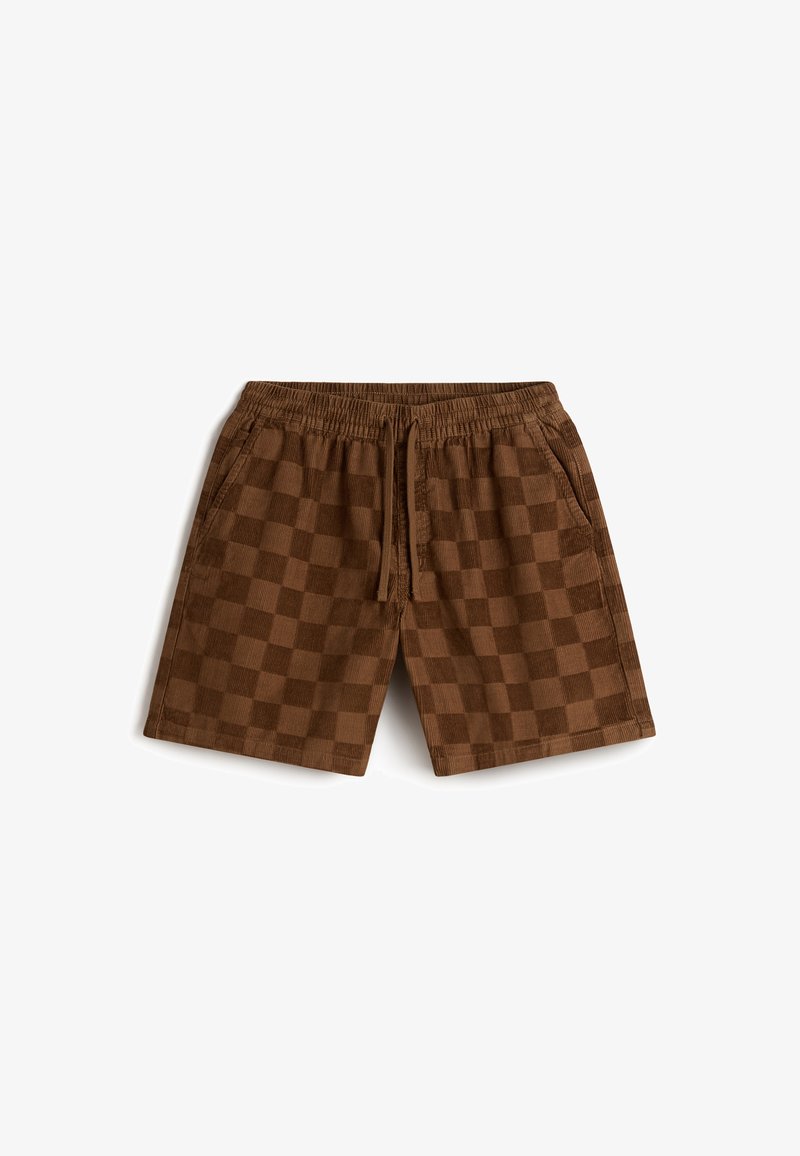 Brown checkered shorts with an elastic waistband, drawstring closure, and side pockets, made of textured fabric.