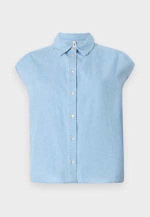 Blaues kurzärmliges Hemd mit Knopfleiste aus Denim-Stoff, klassischem Kragen und vorderer Knopfleiste, mit lockerer Passform und flachem Saum.