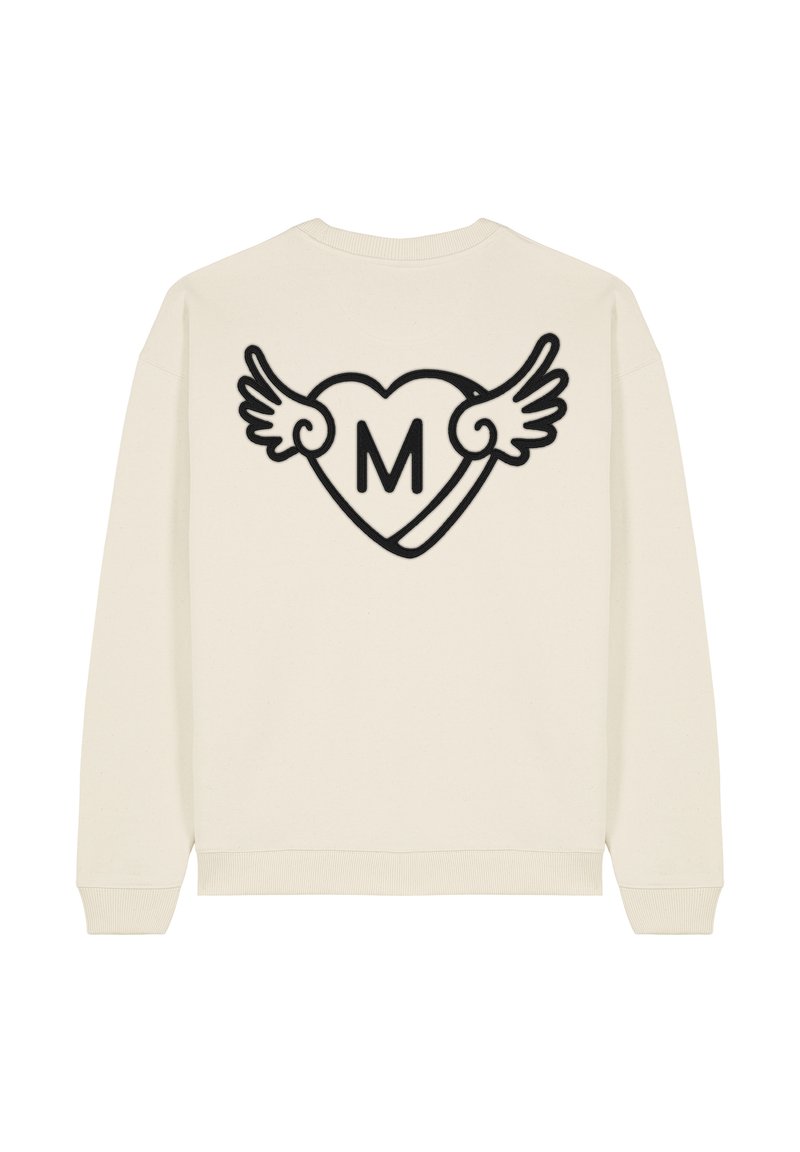 Felpa color crema con un grande cuore nero con ali e la lettera 'M' al centro sul retro. Materiale in misto cotone.