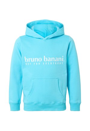 Lyseblå hættetrøje med frontlomme og hvid tekst "bruno banani NOT FOR EVERYBODY" på brystet.