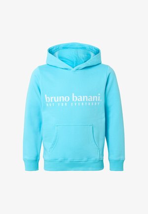 Jasnoniebieska bluza z kapturem, przednia kieszeń oraz biały napis „bruno banani NOT FOR EVERYBODY” na piersi.