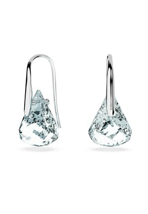 Orecchini a goccia in cristallo trasparente con gancio in argento lucidato. I cristalli presentano una forma a goccia sfaccettata e una superficie scintillante.