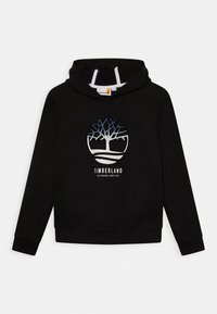 Felpa nera con cappuccio in cotone, con logo frontale raffigurante un'emblema albero con la scritta "TIMBERLAND" sotto. Maniche e orlo a coste.