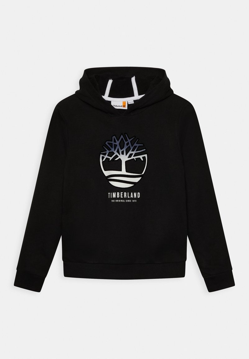 Felpa nera con cappuccio in cotone, con logo frontale raffigurante un'emblema albero con la scritta "TIMBERLAND" sotto. Maniche e orlo a coste.