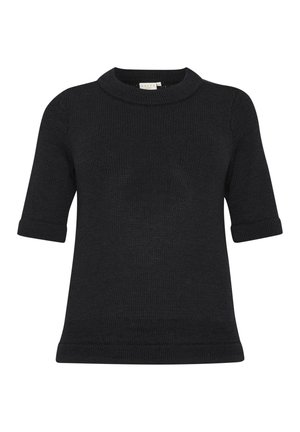 Black knitted sweater featuring a rounded neckline, short sleeves, and ribbed accents at the cuffs and hem. Textured material.