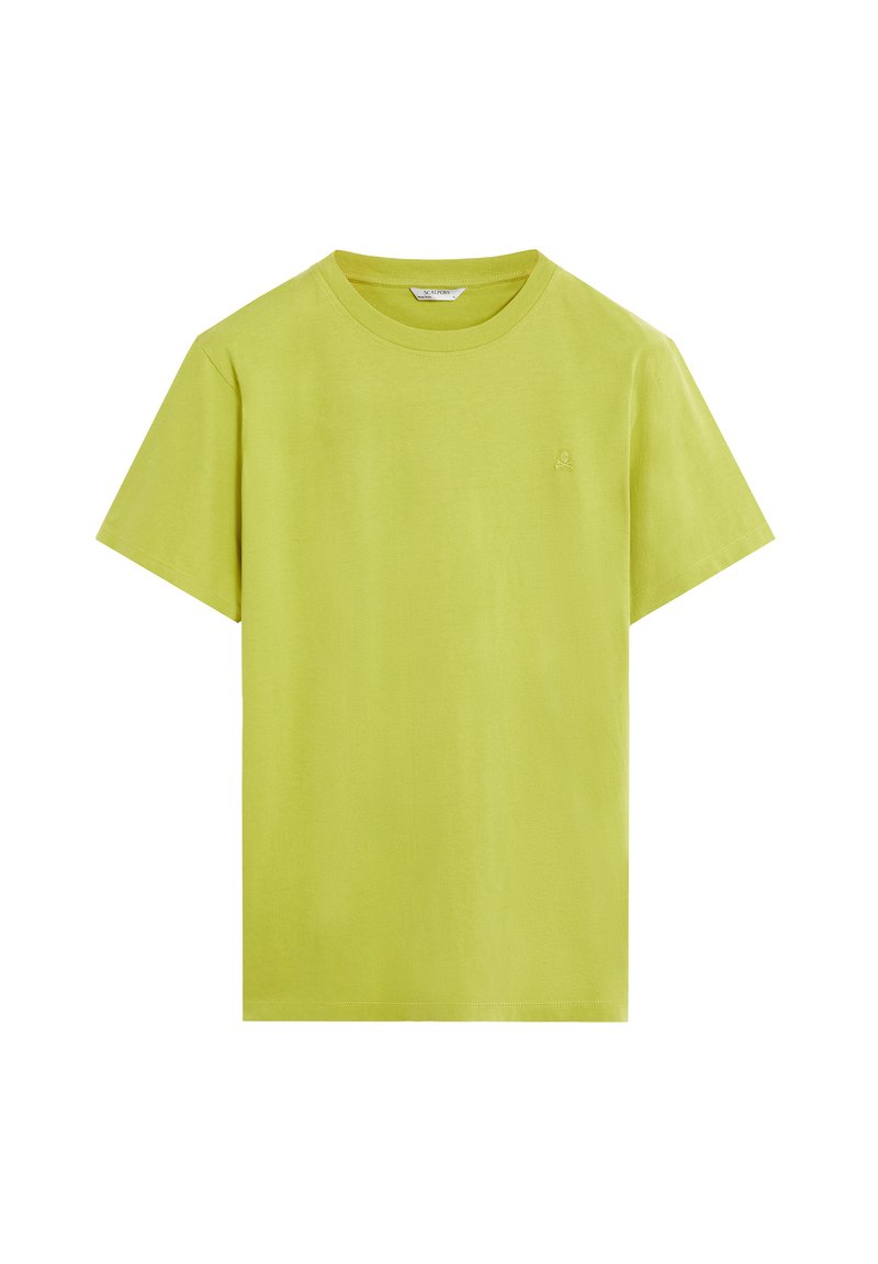 Camiseta verde lima de algodón con cuello redondo, mangas cortas y un pequeño logotipo bordado en el pecho. Textura suave.
