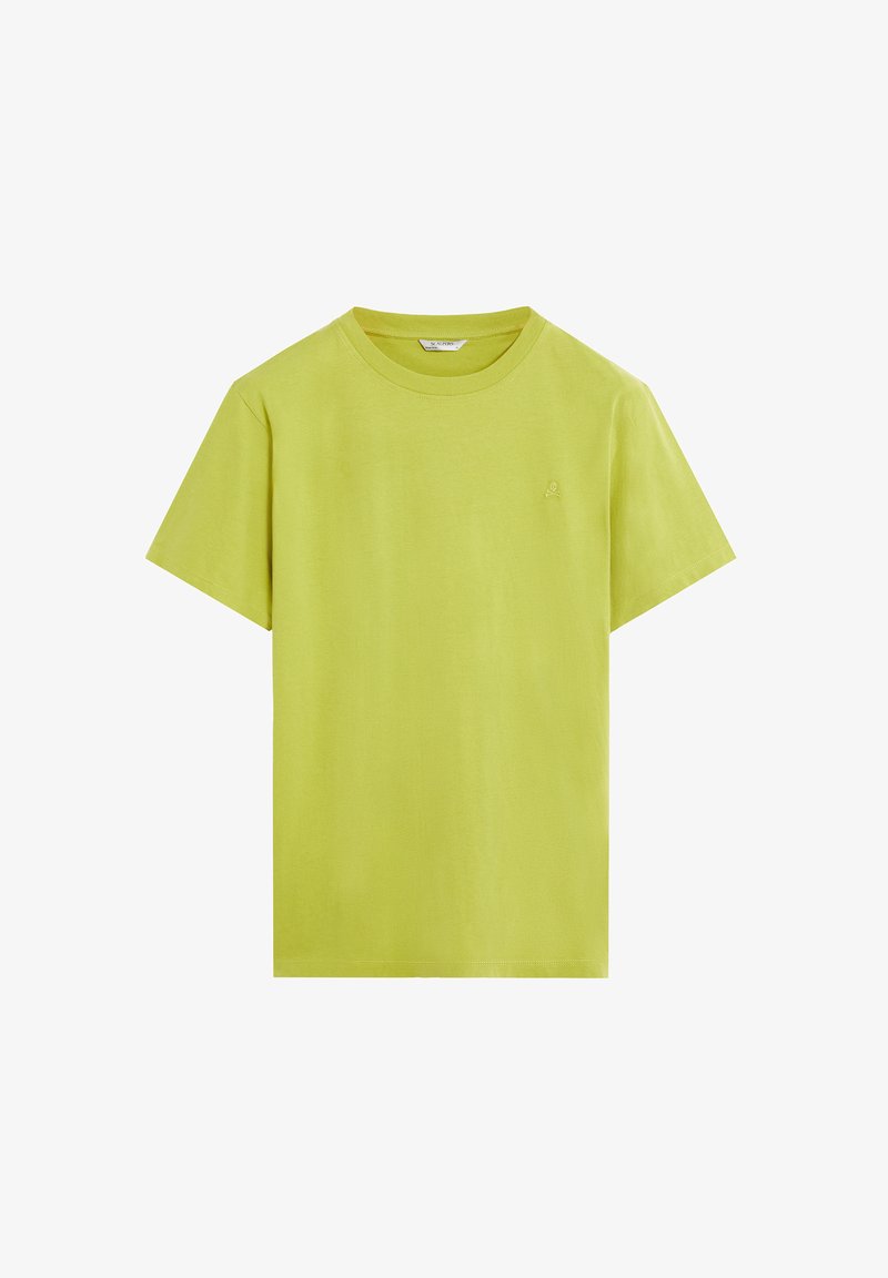 Limegrünes T-Shirt aus Baumwolle mit Rundhalsausschnitt, kurzen Ärmeln und einem kleinen gestickten Logo auf der Brust. Glatte Textur.