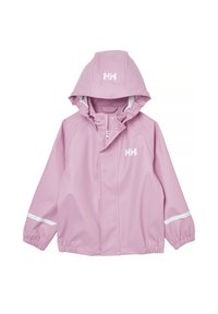 Chaqueta de lluvia para niños de color rosa claro con capucha, cremallera frontal y botones a presión, puños elásticos, franjas reflectantes blancas en las mangas y logotipos "HH" en blanco.