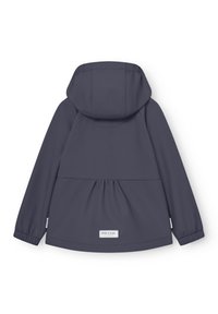 Temno siva otroška jakna s kapuco in elastičnimi manšetami ter majhno blagovno znamko na spodnjem delu hrbta, prikazana od zadaj.