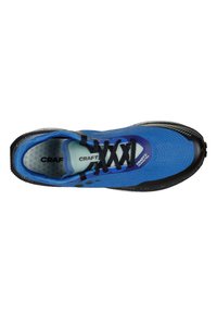 Blue athletic shoe with a textured upper, black accents, and a patterned sole. Features black laces and a cushioned inner lining.