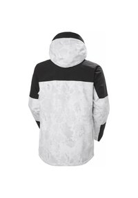 Chaqueta panelada con un patrón de camuflaje en blanco y gris, con una sección superior negra, capucha y mangas largas, fabricada con un material impermeable.