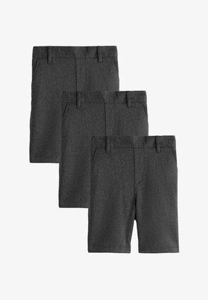 Drei Paar dunkelgraue Shorts vertikal angeordnet, mit Gürtelschlaufen und Seitentaschen auf weißem Hintergrund.