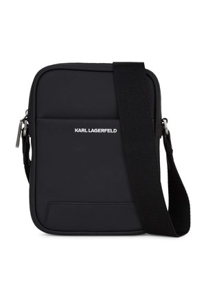 Geantă crossbody dreptunghiulară neagră, cu curea ajustabilă, buzunar frontal și logo "KARL LAGERFELD" în text alb.