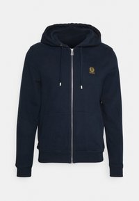 Mörkblå zip-up hoodie med huva, framfickor, dragsko och en liten fyrkantig logotyp på vänster bröst.