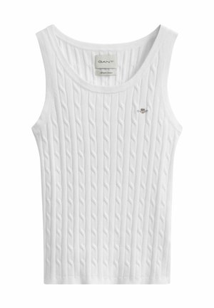 Witte mouwloze gebreide tanktop met verticaal kabelpatroon en klein GANT-logo op de linkerborst.