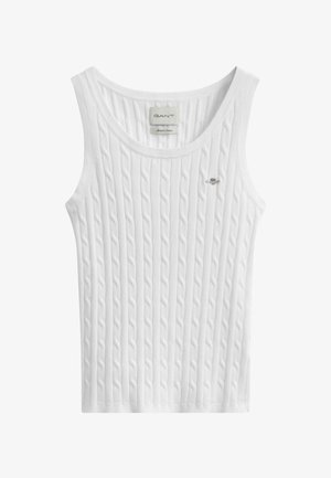 Witte mouwloze gebreide tanktop met verticaal kabelpatroon en klein GANT-logo op de linkerborst.