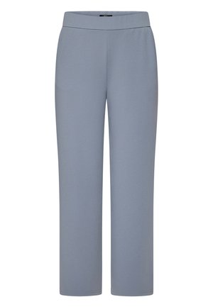 Hellgraue, weite Hosen mit glatter Textur, elastischem Bund und ohne sichtbare Taschen oder Verschlüsse. Einfaches, klares Design.