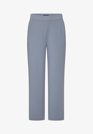 Light gray wide-leg trousers with a smooth texture, elastic waistband, and no visible pockets or fastenings. Simple, clean design.