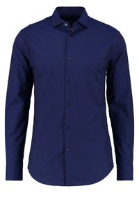 Marineblauwe overhemd voor heren met lange mouwen, met knopen aan de voorkant en een puntkraag, weergegeven tegen een witte achtergrond.