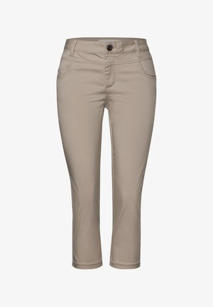 Pantaloni beige a vita alta, con chiusura a bottone, due tasche frontali e una texture liscia, caratterizzati da un design aderente e un taglio dritto.