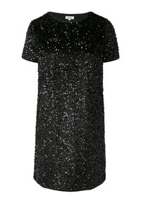 Czarna sukienka z cekinami, z krótkimi rękawami, okrągłym dekoltem i luźnym krojem. Powierzchnia pokryta jest błyszczącymi, ściśle ułożonymi okrągłymi cekinami.