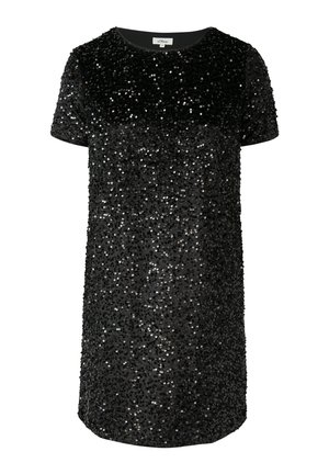 Czarna sukienka z cekinami, z krótkimi rękawami, okrągłym dekoltem i luźnym krojem. Powierzchnia pokryta jest błyszczącymi, ściśle ułożonymi okrągłymi cekinami.