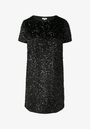 Czarna sukienka z cekinami, z krótkimi rękawami, okrągłym dekoltem i luźnym krojem. Powierzchnia pokryta jest błyszczącymi, ściśle ułożonymi okrągłymi cekinami.