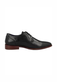Scarpe da dress in pelle nera con un design elegante e affusolato, cuciture minime e un tacco marrone leggermente rialzato. Lacci con cinque occhielli.