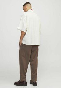 Lys beige kortærmet skjorte med løs pasform, parret med brune vidde bukser og sorte snørebåndssko, set fra ryggen.