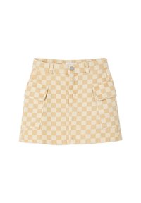 Beige and cream checkered mini skirt with front button, belt loops, and two large side flap pockets.